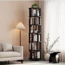 Solid Wood Rotating Bookshelf Tower on Wheels
