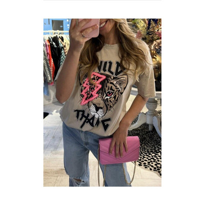 T-Shirt Beige L/XL Baumwolle Oversized Tiger Lightning Wild Thang Grafik Tee Top
