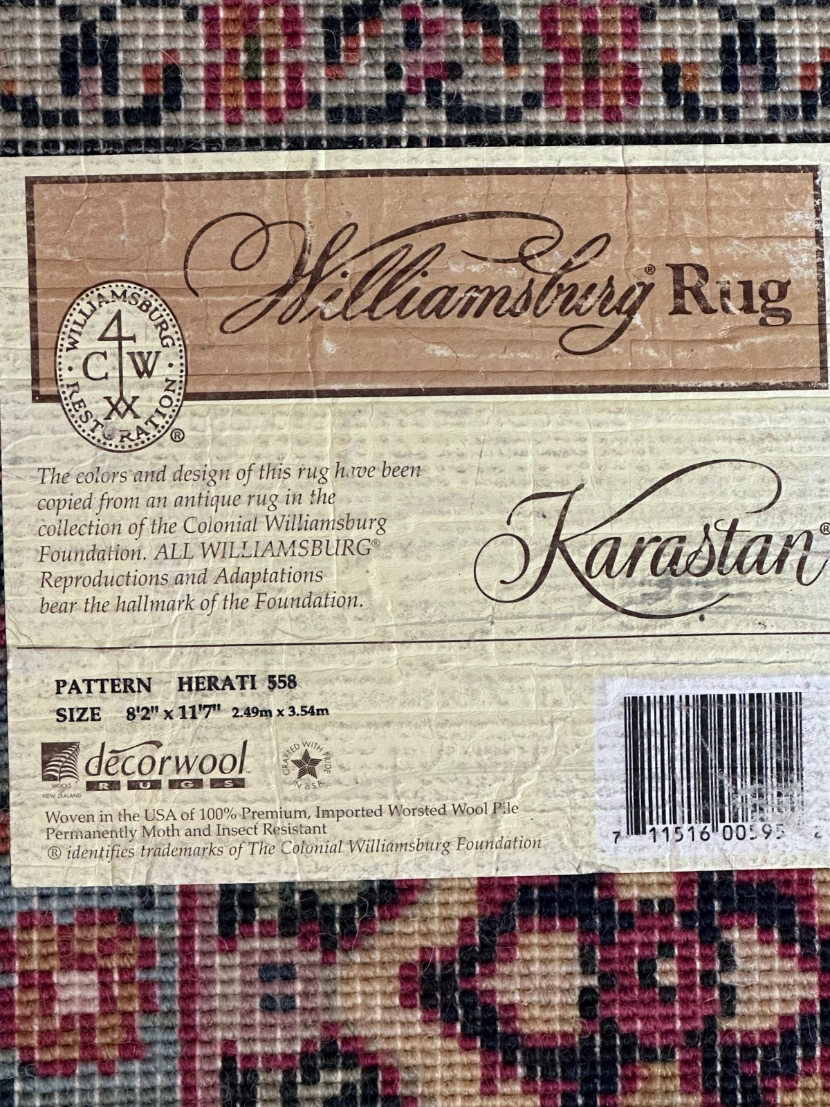 8x11 KARASTAN WILLIAMSBURG HERATI 558 100% WOOL RUG - VERY GOOD CONDITION