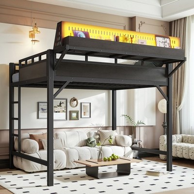 Full Size Metal Loft Bed Frame with Storage Shelves,Pegboard & LED Lights Black