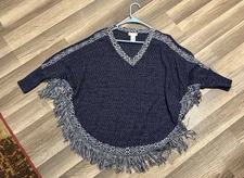CB Established 1962 blue knit sweater poncho with fringe size large