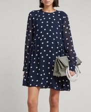 GANNI Printed Georgette Mini Dress Navy Blue Polka Dot Size 34 4