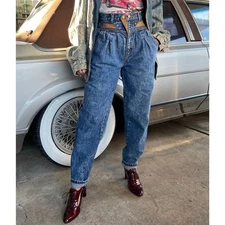 Vintage 80s Retro High Rise Pleated Bareback Leather Trim Tapered Jeans XS