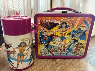1976 Super Friends Metal Lunchbox Aladdin Superman Wonder Woman Batman thermo DC