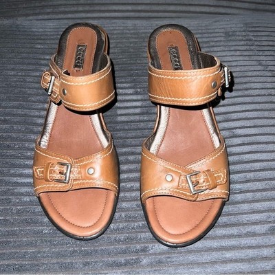 ECCO Leather Wedge Sandals Buckle Accents Slides Brown