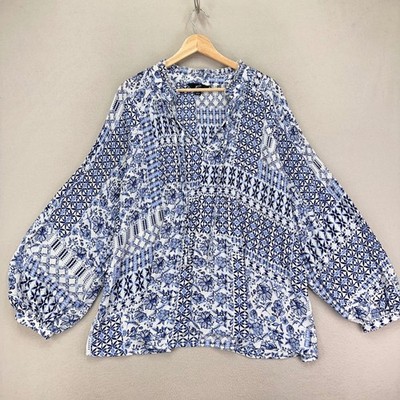 GNW Blouse Womens 1X Blue White Floral Patchwork Bishop Sleeve Flowy Boho
