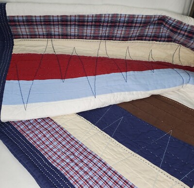Pottery Barn Kids PBK Striped Patchwork Quilt Twin Size Navy Light Blue Brown 