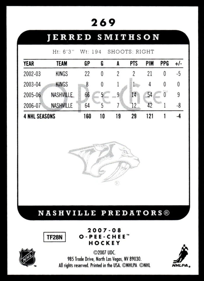2007-08 O-Pee-Chee Micromotion Jerred Smithson Nashville Predators #269 - Image 2 of 2