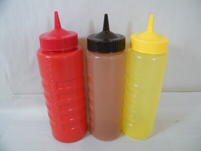 (3) VOLLRATH TRAEX BOTTLE KETCHUP MUSTARD BBQ SQUEEZE RED YELLOW BROWN