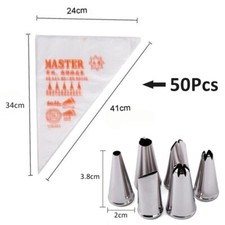 50pcs Disposable Icing Piping Cream Pastry Bag 6 Stainless Steel Nozzle Set