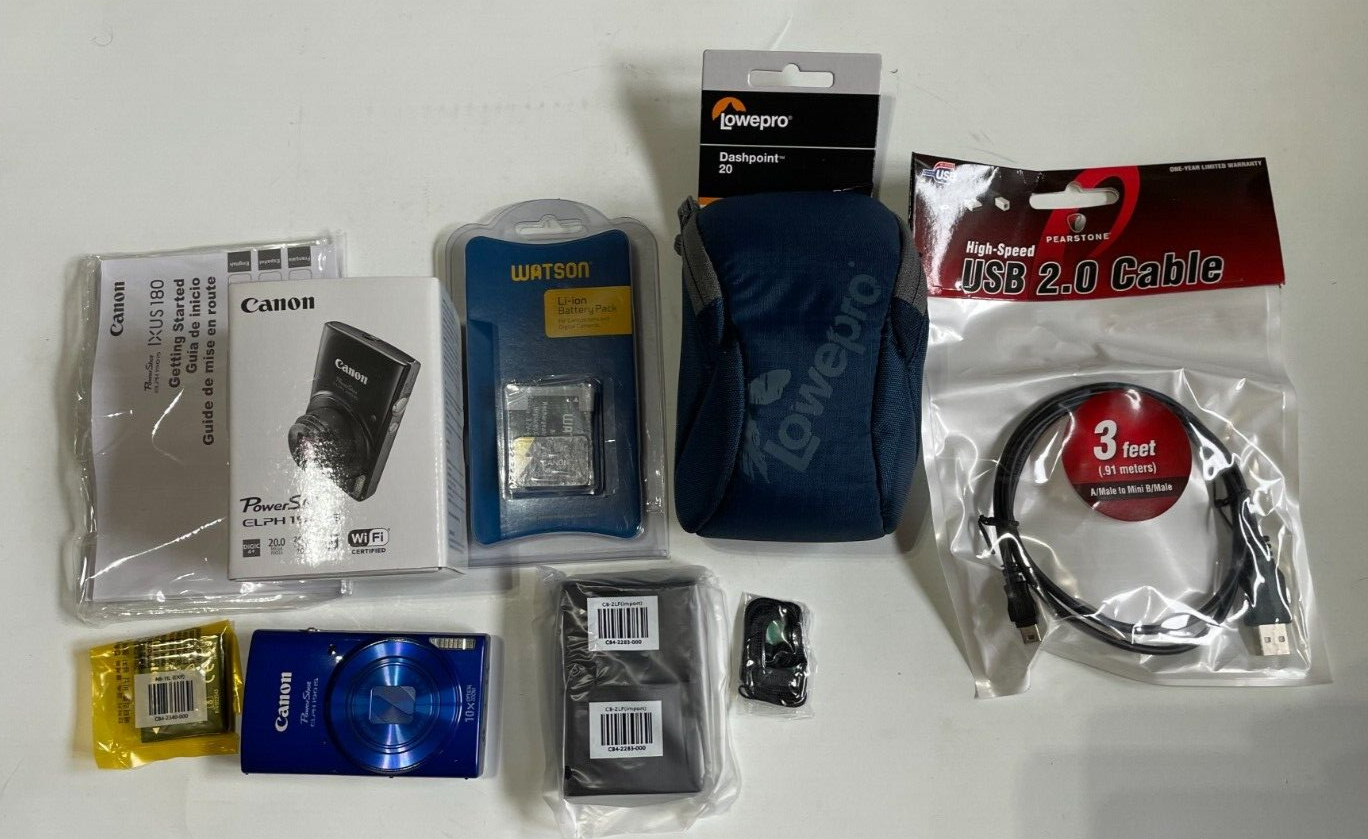 Canon PowerShot ELPH 190 IS Digital Camera 20MP With Accessories Blue