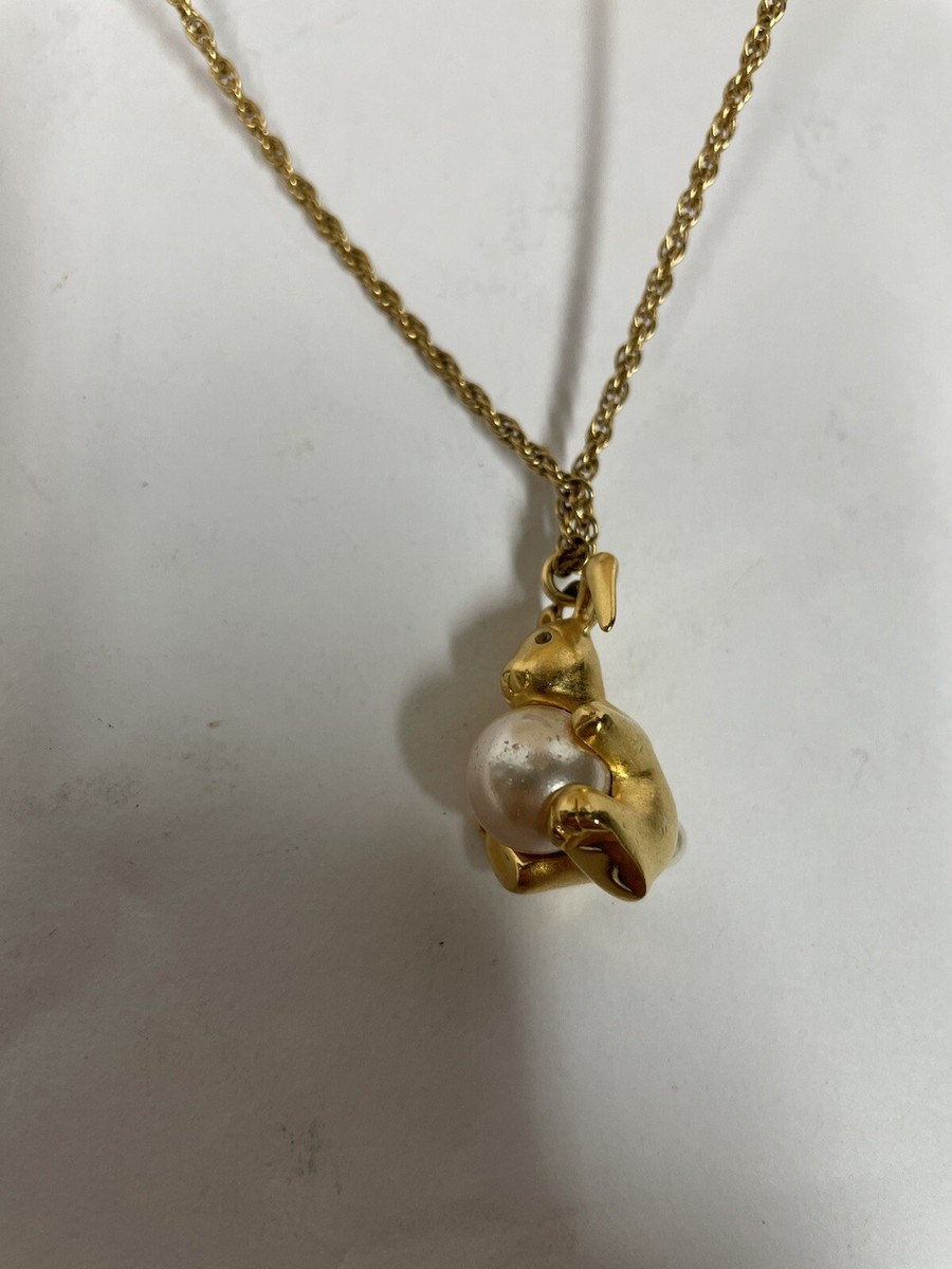 JOAN RIVERS GOLD RABBIT HOLDING PINK FAUX PEARL PENDANT