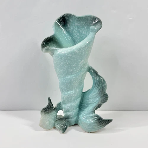 Vintage Hull Pottery Ebb Tide Shell & Goldfish Vase Speckled Turquoise Gray 11.5