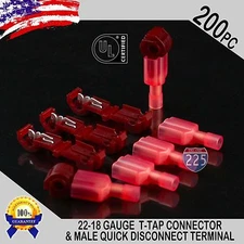 (200) T-Taps + Male Disconnect Wire Connectors Red 22-18 AWG Gauge Terminals UL