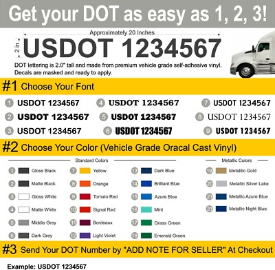 DOT Vehicle Vinyl Lettering (1 PAIR)  2'' Tall  9 Fonts and 21 Color Options