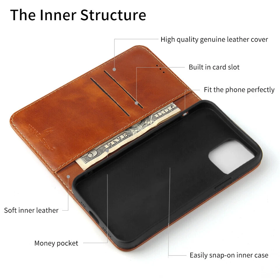 For iPhone 17 16 15 14 13 12 Pro Max Cowhide Real Leather Magnetic Wallet Case - Image 4 of 4