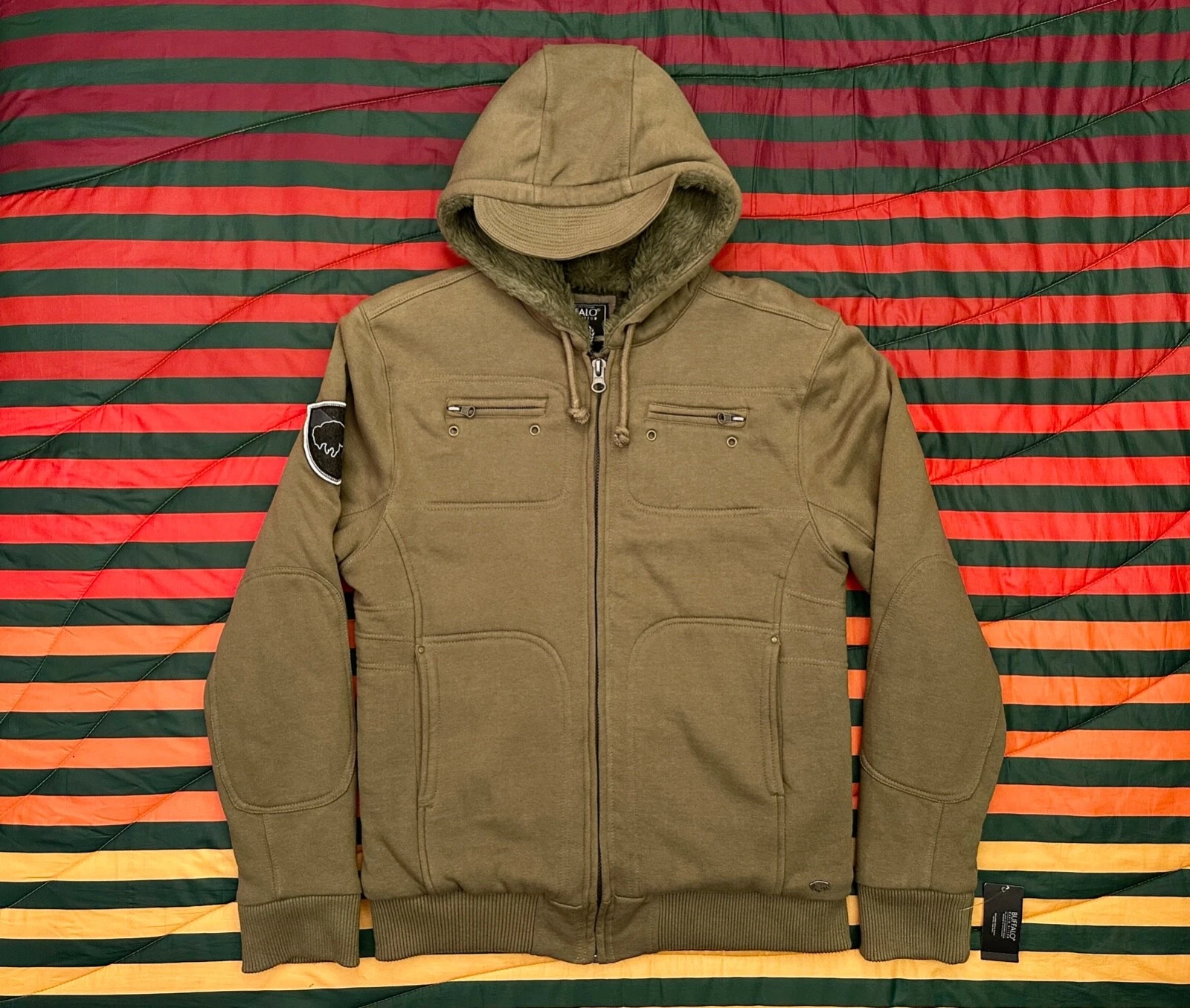 NWT Buffalo Hooded Bomber Jacket Mens M Olive Green Thick Fleece & Soft!