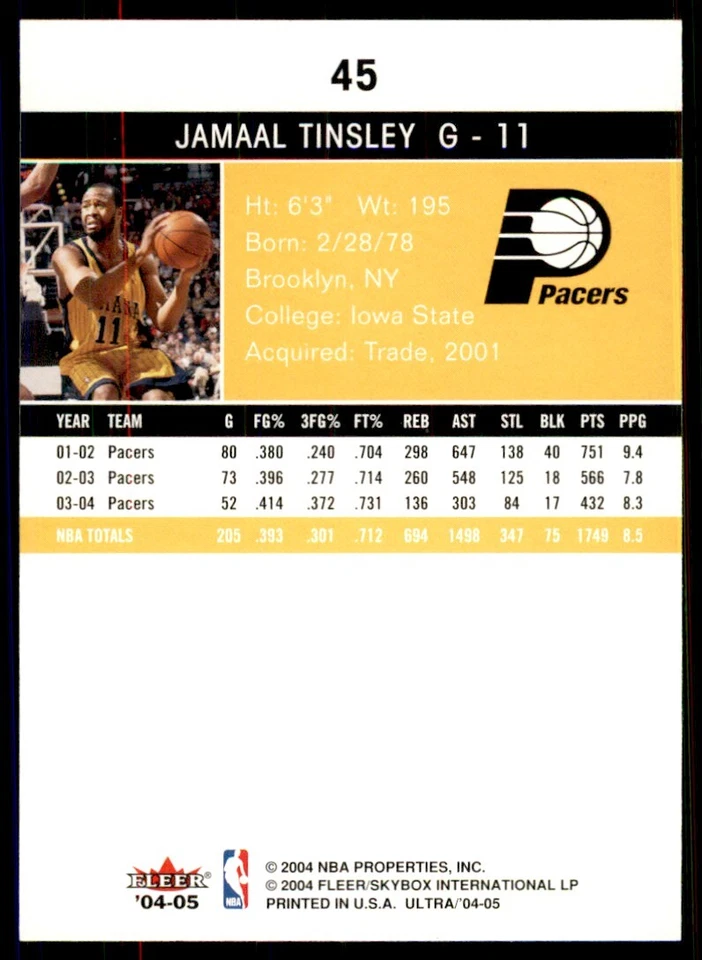 2004-05 Fleer Ultra Jamaal Tinsley Basketball Cards #45 - Image 2 of 2