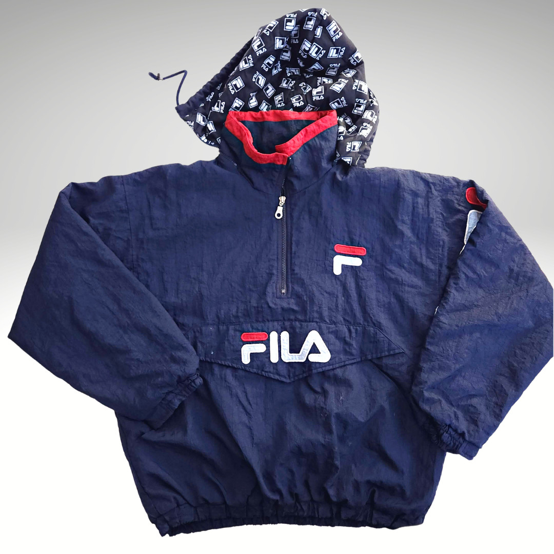FILA 90's Vintage Mens 1/4 Zip Pullover Puffer Jacket Size L Spell Out Logo Blue