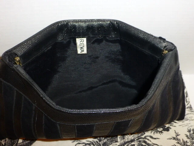 Bolso clutch REVA negro ultragamuza e imitación reptil firma, 1 dueño, aprox. Años 80 Foto 3 de 4