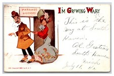 Comic Woman Dragging Man to Marriage License Growing Wary UDB Postcard R26