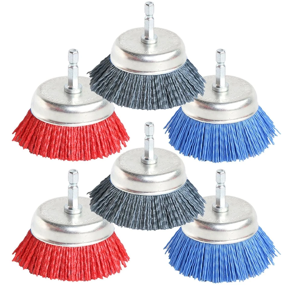 FPPO 6Pcs 3" Cup Brush Set for Drill, Wire & Nylon Bristles, Grit 80/120/320