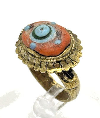 Skulpturaler Tribal Eye Ring mit orange & blau konzentrischem Motiv - UK Größe S