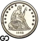 1862 Seated Liberty Quarter PROOF Blast White Solid Gem Civil War PR++, 550 Made