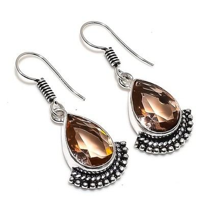 Peach Morganite Gemstone Handmade 925 Sterling Silver Jewelry Earring Size 1.2''