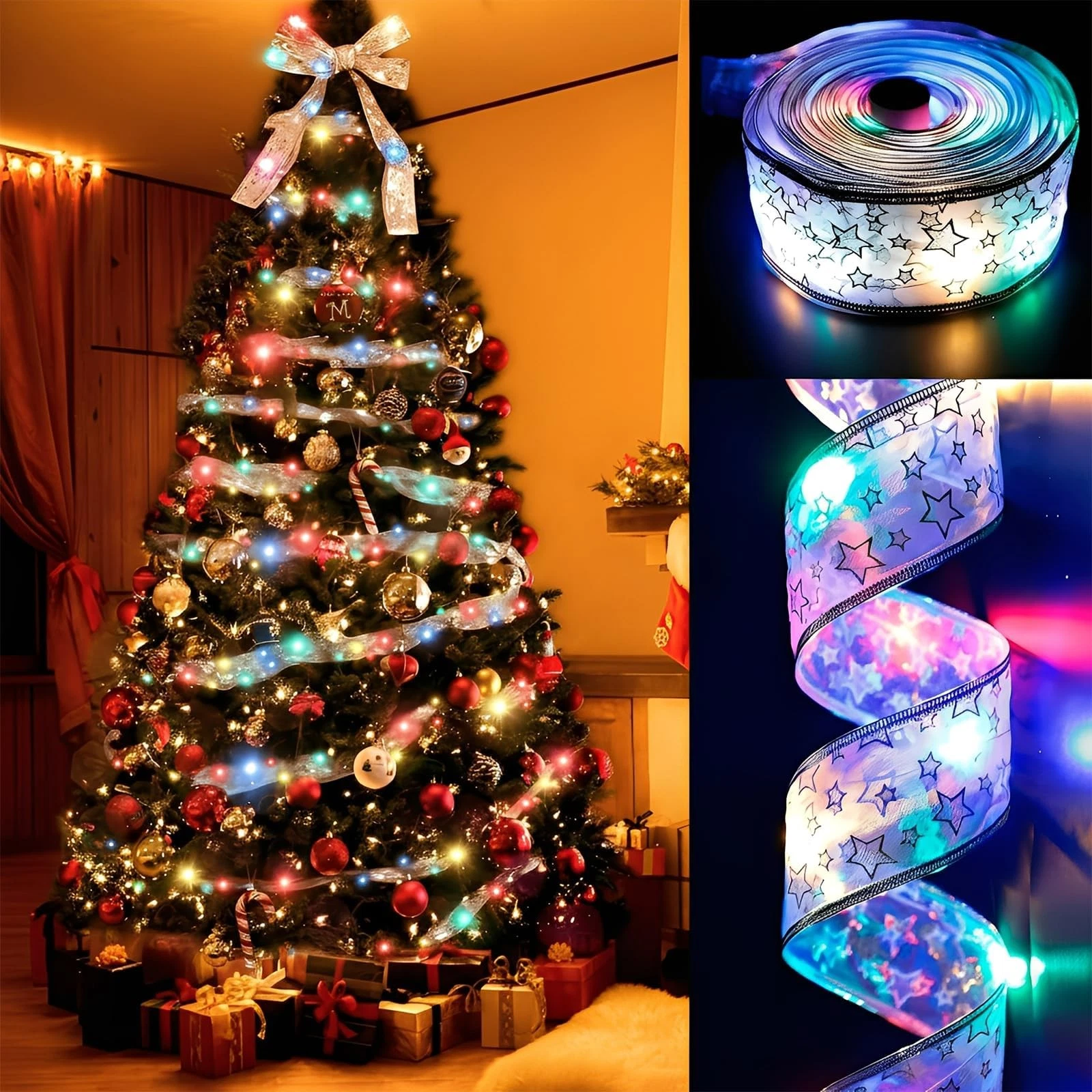 66ft 200 LED Silver Ribbon Colorful Fairy String Lights Copper Wire Bows