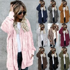 UK Ladies Teddy Bear Coat Baggy Warm Hooded Fleece Fur Jacket Cardigan Plus Size