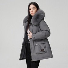 Women Winter Hooded Padded Long Coat Thick Warm Faux Fur Collar Jacket