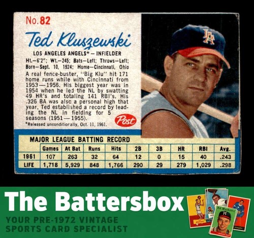 1962 Post #82 Ted Kluszewski VGEX X3830192 | eBay