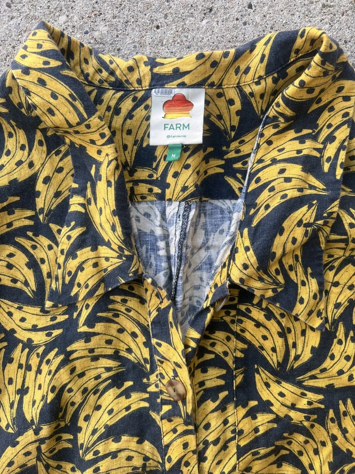 Anthropologie Farm Rio Banana Print Linen Romper Size Med Long Sleeve Shorts - Image 2 of 4