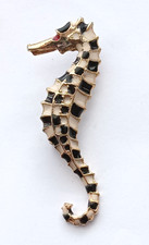 Animal Brooches Enamel Rhinestone Stone Set Gold Tone Seahorses x2  A12-1