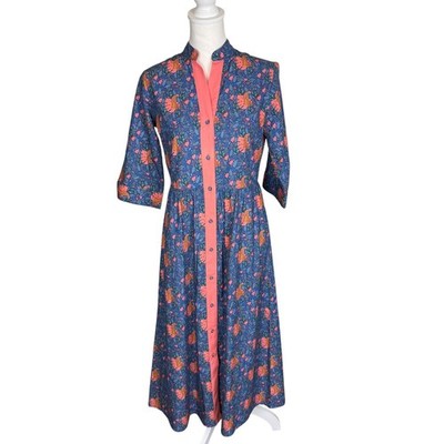 Beau & Ro Alice Colin Blue Leopard Floral Cotton Midi Shirt Dress Small Pockets