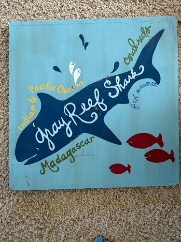 Pottery Barn Kids GRAY REEF SHARK Wood PLAQUE Ocean Sea Surf Island Art Wall 16"