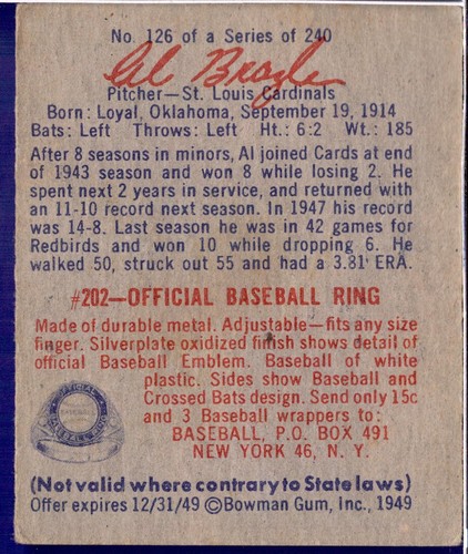 1949 Bowman #126a AL BRAZLE St. Louis Cardinals EX-MT - Bild 2 von 2