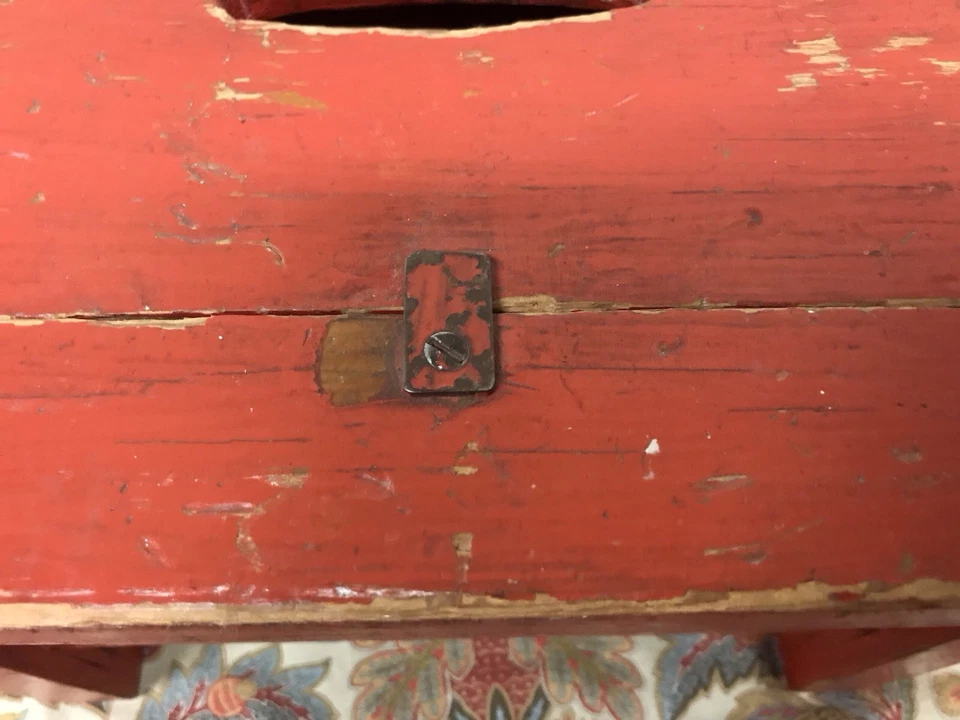 VINTAGE RED WOODEN FOOT STEP STOOL W/ STORAGE 17 1/2 WIDE X 11 1/2 10 1/2” TALL - Image 3 of 4