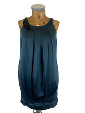 NEXT DRESS 8 TEAL BLUE Satin Floral Patch Inverted Pleated Sleeveless Short Puff