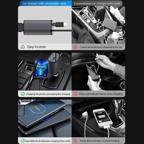 100W 4IN1 Retractable Car Charger USB Type-C Cable For Phone Fast Charge Adapt- - Zdjęcie 8 z 8