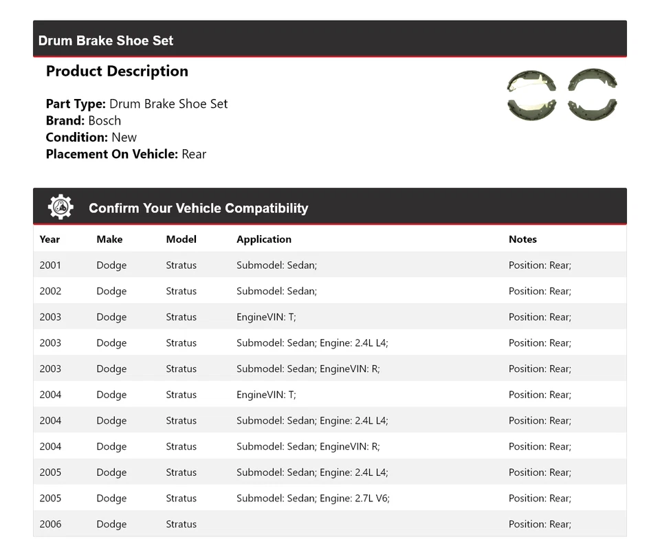 Juego de zapatas de freno de tambor traseras para Dodge Stratus Bosch 2001-2006 2002 2003 2004 2005 Foto 2 de 3