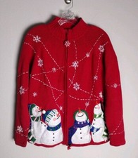 Vintage Heirloom Collectibles Embroidered Snowman Beaded Snowflake Zip Cardigan