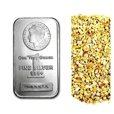 1 TROY OZ .999 FINE SILVER MORGAN BAR BU + 50 PIECE ALASKAN PURE GOLD NUGGETS