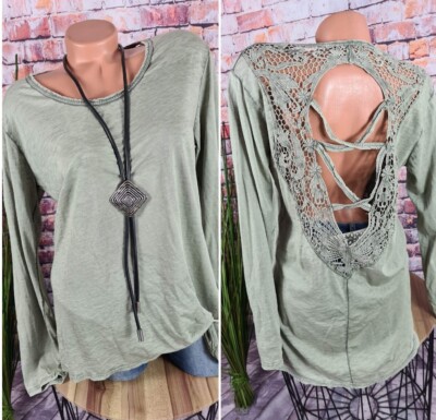 long SHIRT PULLI Häckelspitze Vintage cut out Italy washed salbei 38 40 42