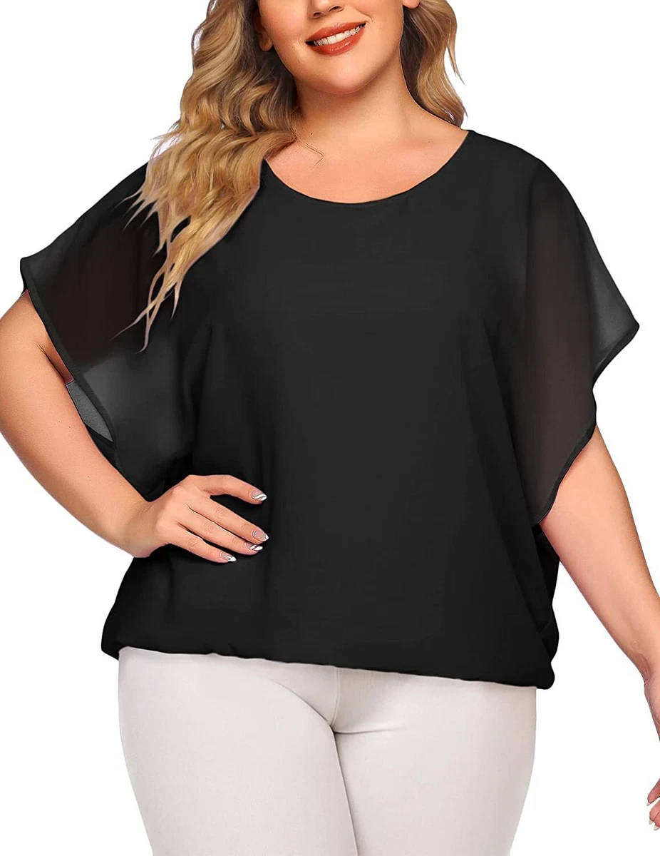 IN'VOLAND Plus Size Women Chiffon Blouse Batwing Sleeve Tops Scoop Neck  Tunic Sh