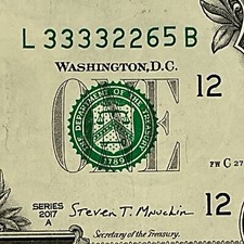 Four In A Row 3s Fancy Serial Number 2017A One Dollar Bill L33332265B FW Print