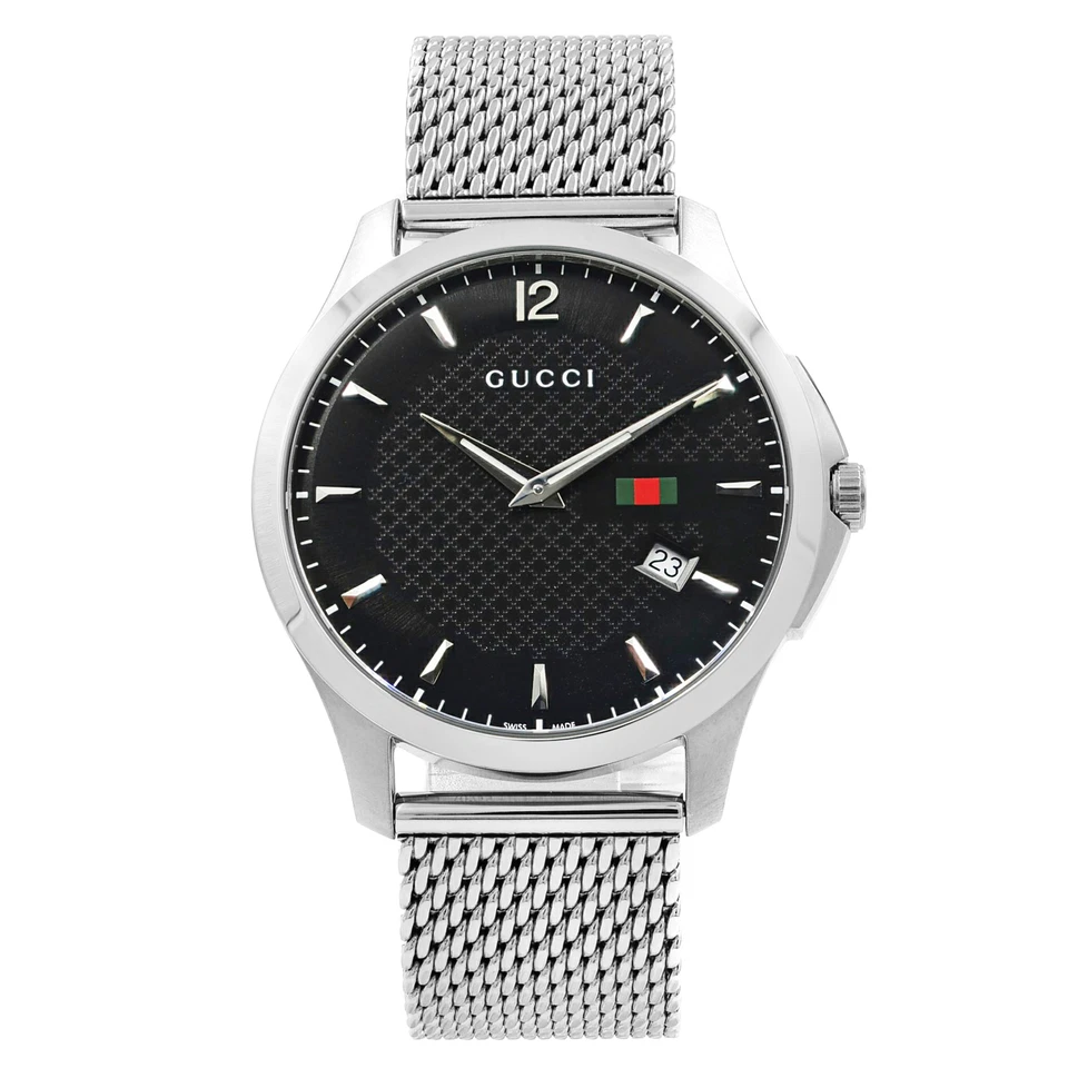 Gucci G-Timeless Stainless Steel Mesh Band Black Dial Quartz Mens Watch YA126308