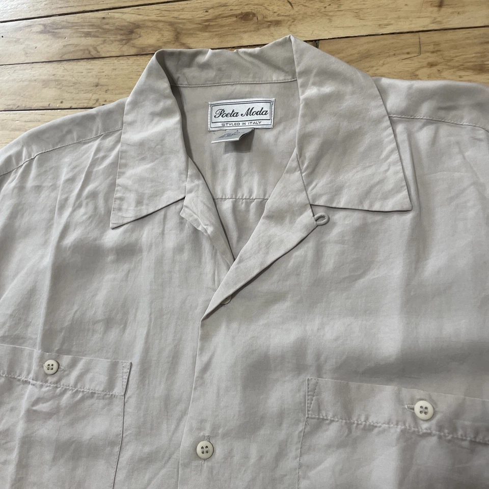 Poeta Moda Italian Silk Shirt Men L Tan Relaxed Loop Button Up Preppy Western L - Image 3 of 4
