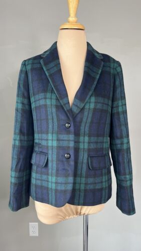 Talbots Wool Blend Blue Green Plaid Tartan Blazer Jacket Women's M L - Foto 1 di 4